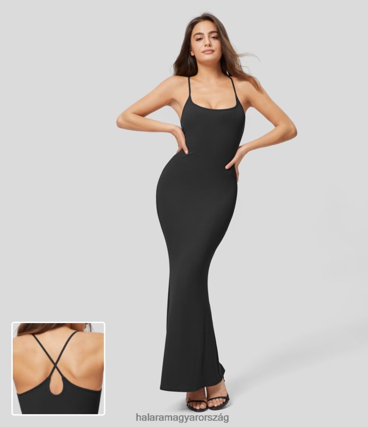 ruházat Halara bordázott háttámla keresztben könnycsepp bodycon maxi alkalmi csúszós ruha fekete nők 8FPF801103