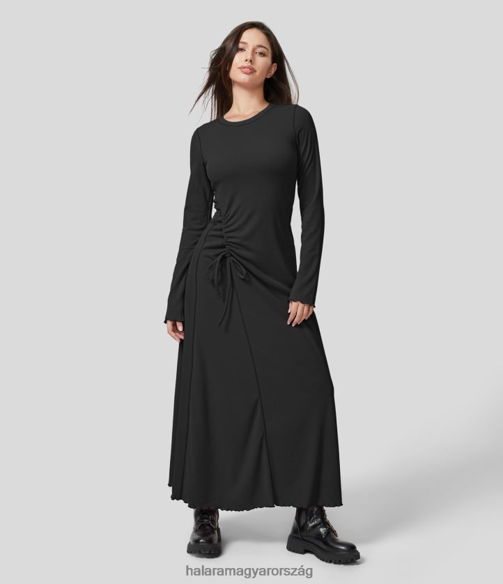 ruházat Halara bordázott, húzózsinóros csomós saláta díszítés kiszélesedő szegély, alkalmi maxi ruha fekete nők 8FPF801238