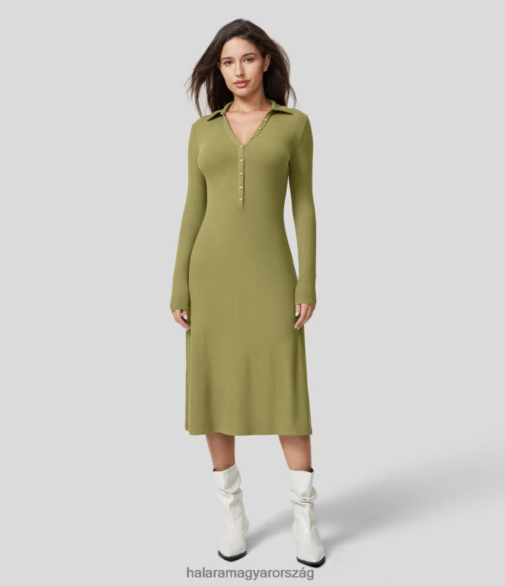ruházat Halara bordázott kötött henley nyakú gomb hosszú ujjú alkalmi midi ruha zöld olajbogyó nők 8FPF801169