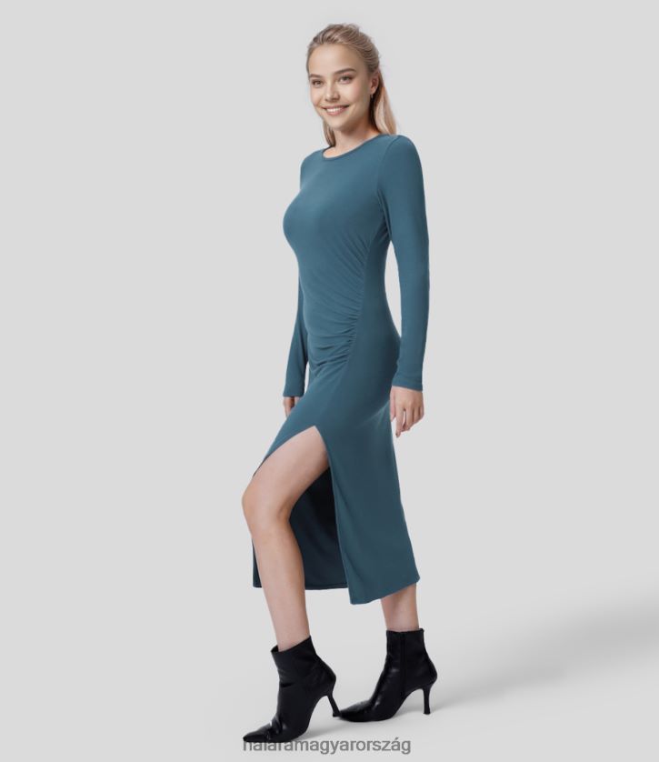 ruházat Halara bordázott kötött környakú, hosszú ujjú, rovátkolt, osztott, tömör midi alkalmi ruha mély merülést nők 8FPF801218