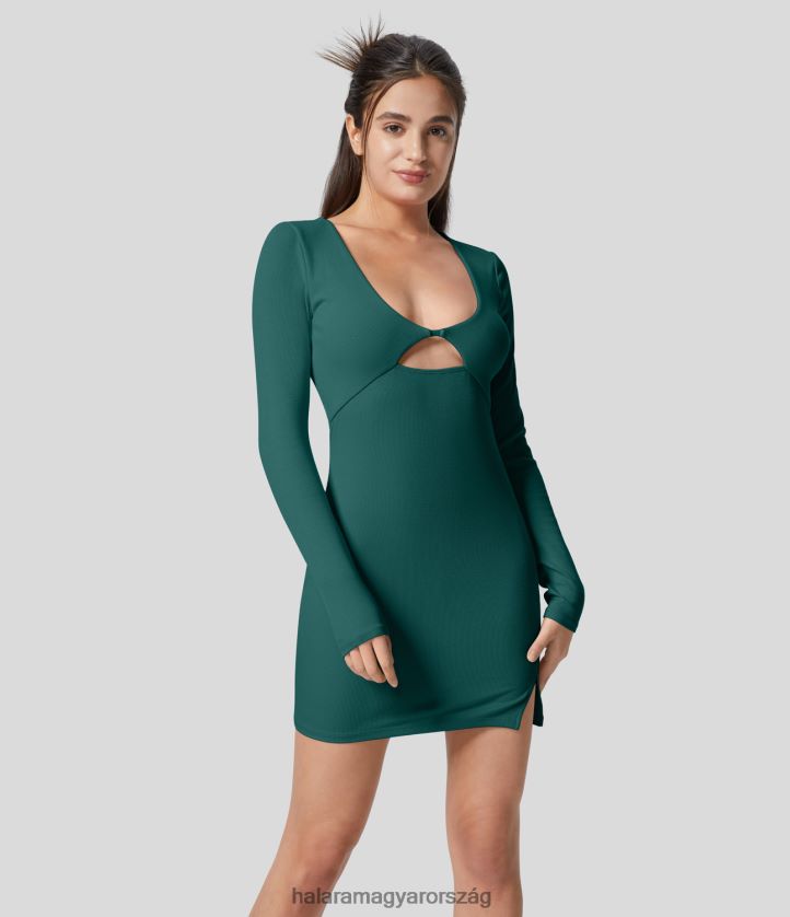 ruházat Halara bordázott kivágott hosszú ujjú, osztott bodycon mini party ruha mély kőzöld nők 8FPF801034