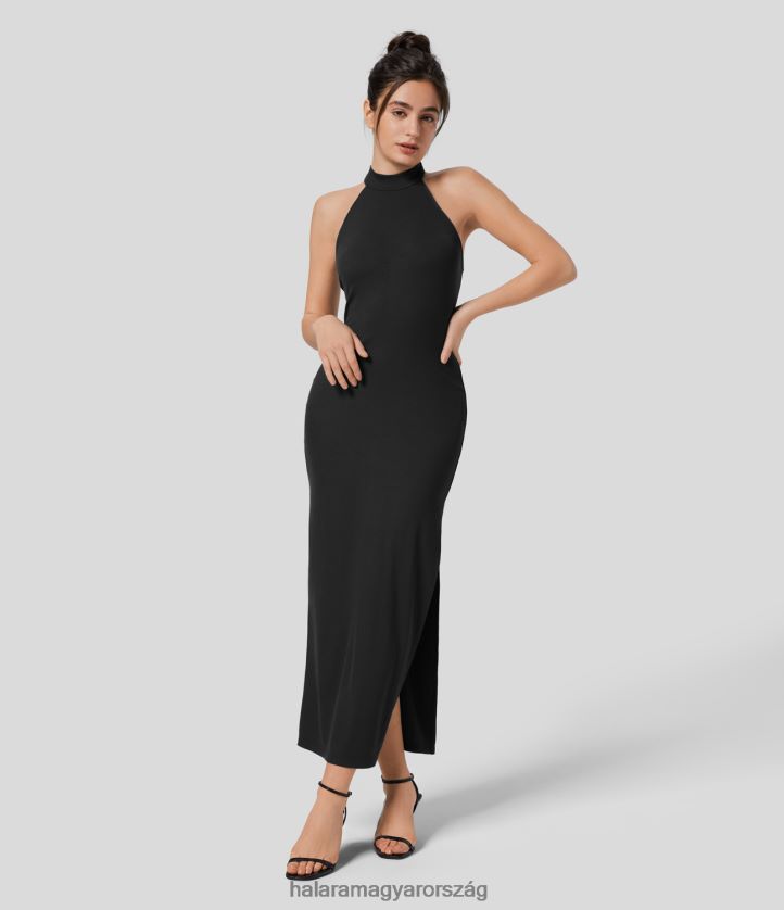 ruházat Halara bordázott állványgallér ujjatlan osztott szegélyű bodycon midi alkalmi ruha eredeti nők 8FPF801092