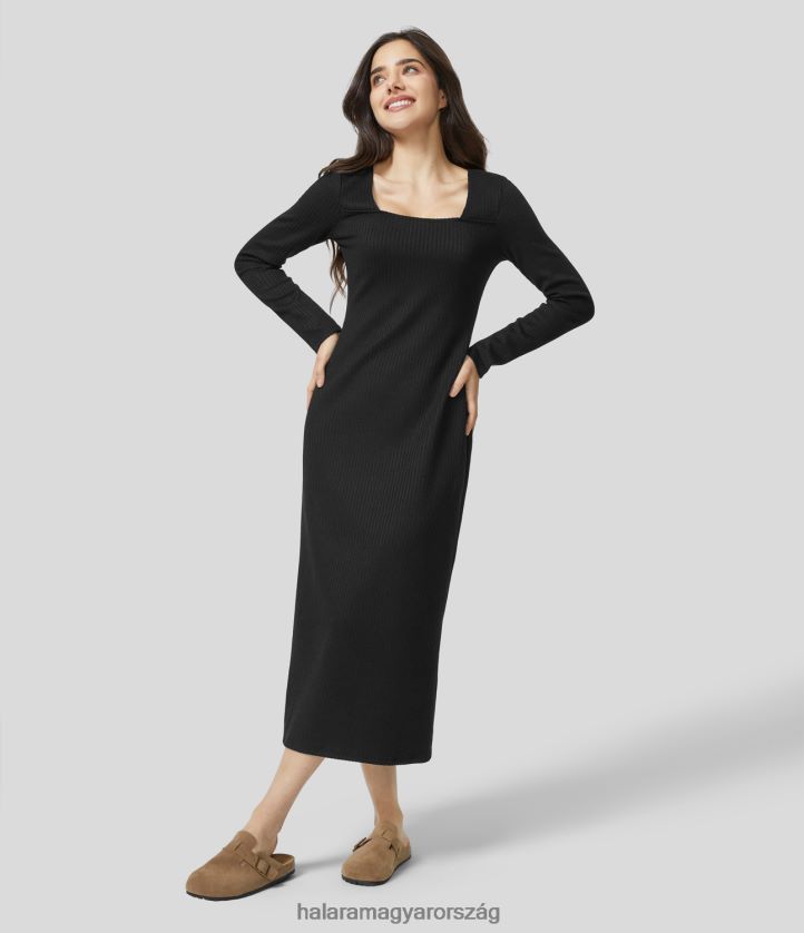 ruházat Halara bordázott, szögletes nyakú, hosszú ujjú, hátul megköthető karcsú, alkalmi midi ruha fekete nők 8FPF801224