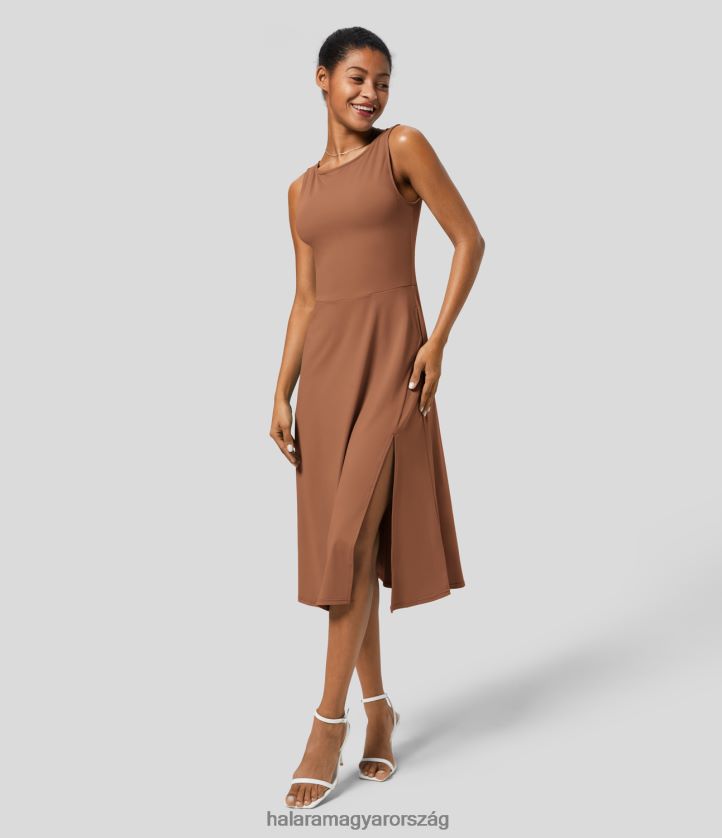 ruházat Halara csónak nyakú ujjatlan oldalzseb osztott midi resort ruha rozsda vörös nők 8FPF801252