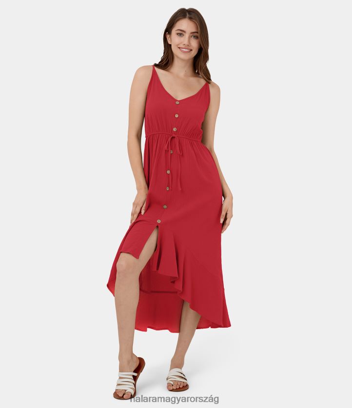 ruházat Halara csúszó háttámla állítható pántos gomb húzózsinóros aszimmetrikus fodros midi alkalmi pamut ruha szalag piros nők 8FPF801173