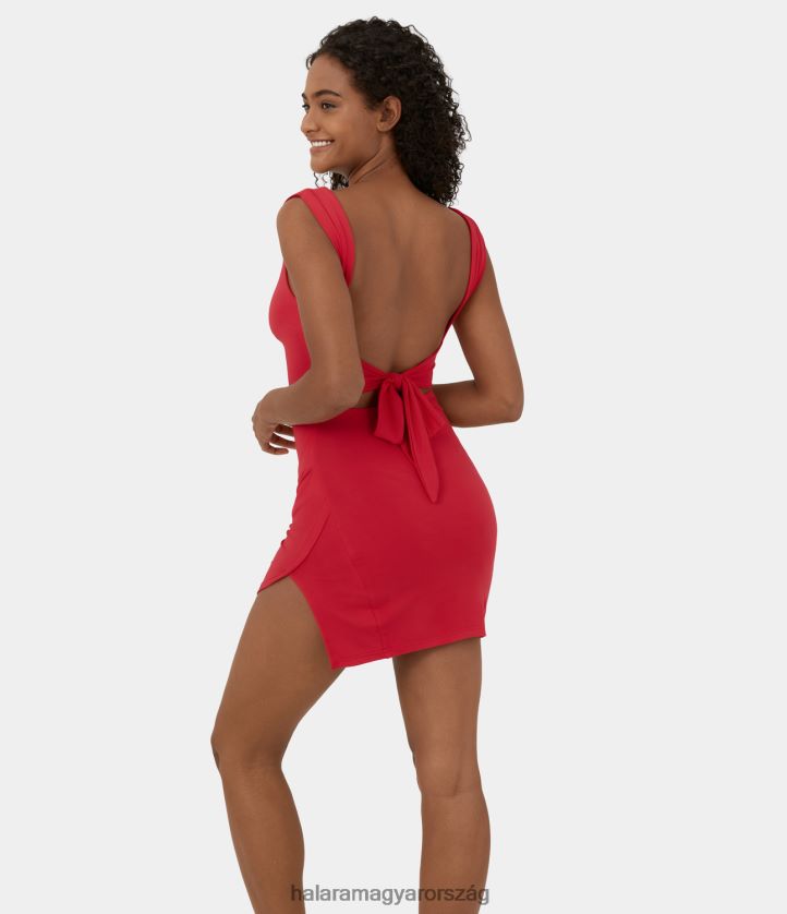 ruházat Halara dörzsölt hát nélküli nyakkendő hátra osztott szegéllyel bodycon mini alkalmi ruha igazi vörös nők 8FPF80972