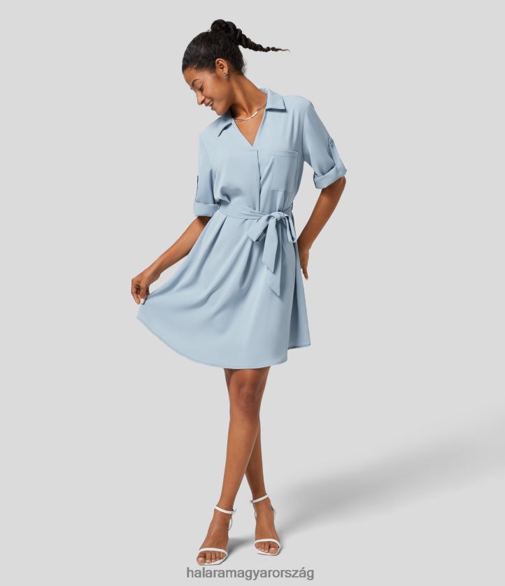 ruházat Halara galléros felhajtható ujjú öves midi munkaing ruha ködös kék nők 8FPF801139