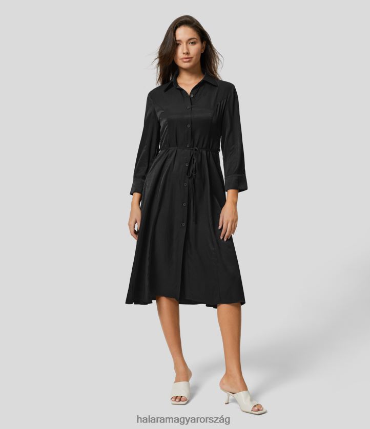 ruházat Halara galléros gombos nyakkendő elöl hosszú ujjú flare midi alkalmi ruha fekete nők 8FPF801233