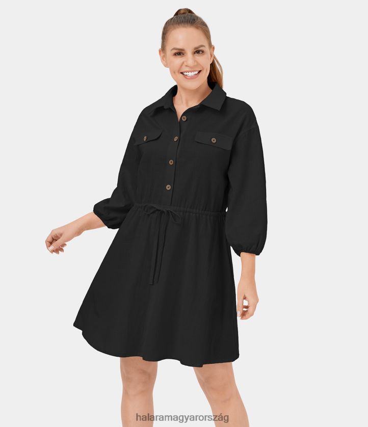 ruházat Halara galléros püspökujj gombos húzózsinóros mini alkalmi pamutruha eredeti nők 8FPF801072