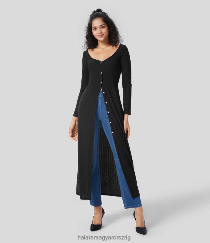 ruházat Halara gomb hosszú ujjú bodycon maxi alkalmi ruha fekete nők 8FPF801125