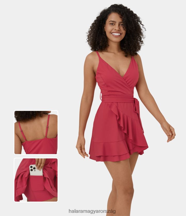 ruházat Halara hát nélküli v nyakú ujjatlan nyakkendő oldalsó fodros 2 részes oldalzseb folyékony alkalmi mini ruha télbogyó nők 8FPF80970
