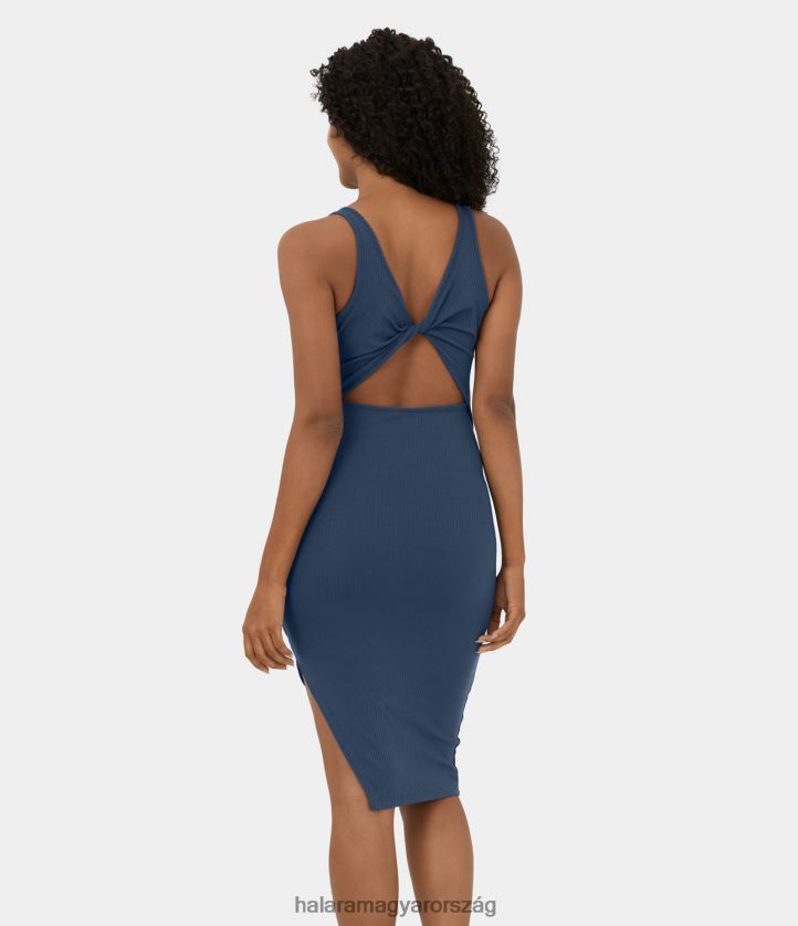 ruházat Halara háttámla csavart kivágott ujjatlan oldalra osztott bodycon midi alkalmi ruha sötét farmer nők 8FPF801105