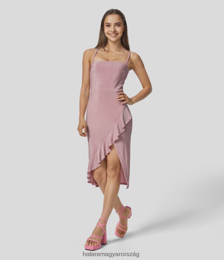 ruházat Halara háttámla keresztben aszimmetrikus fodros szegélyű metál midi csúszás buliruha csillogó sárgabarack rózsaszín nők 8FPF801210