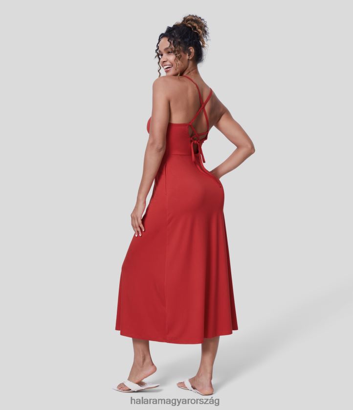 ruházat Halara háttámla nélküli fűzős oldalzsebű midi flare alkalmi csúszóruha haute red nők 8FPF801220