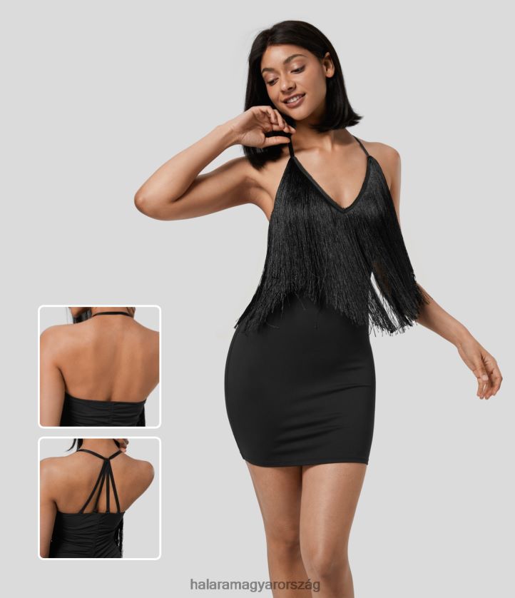 ruházat Halara kötőfék támla nélküli levehető pántos rojtos bodycon domború mini slip resort ruha felbátorodott nők 8FPF801080