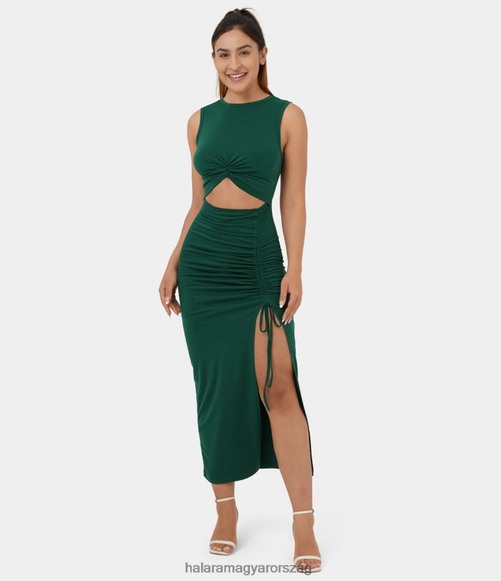 ruházat Halara kerek nyakú csavart kivágott, dörzsölt húzózsinórral osztott szegély bodycon midi alkalmi ruha esőerdő nők 8FPF801082