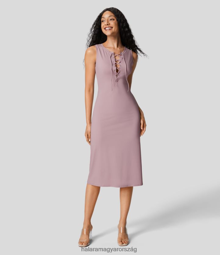 ruházat Halara kerek nyakú fűzős karcsú midi alkalmi tankruha emléklila nők 8FPF801227