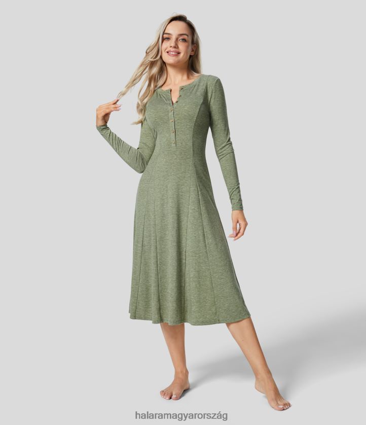 ruházat Halara kerek nyakú gomb hosszú ujjú flare midi alkalmi ruha világoszöld virágos fonal nők 8FPF801198