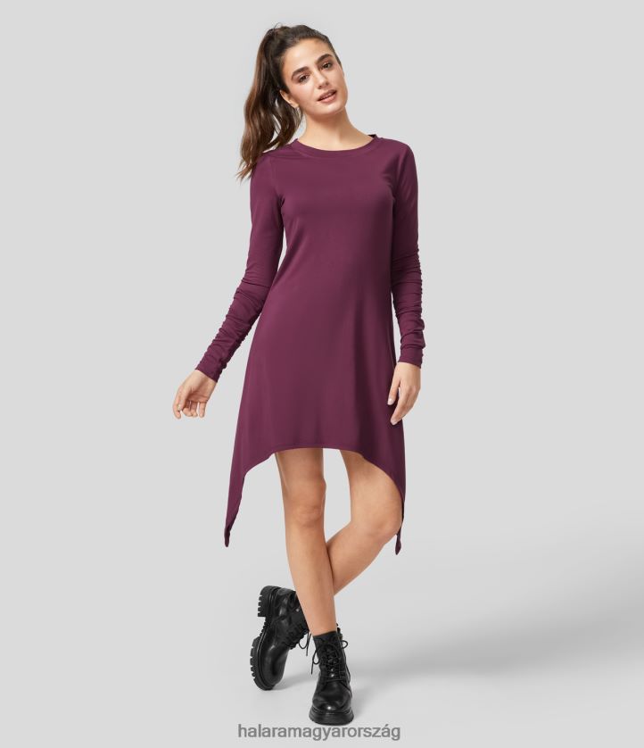 ruházat Halara kerek nyakú halmozott hosszú ujjú aszimmetrikus szegélyű midi alkalmi ruha vörös ibolya nők 8FPF801212