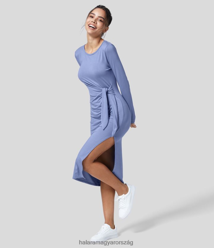 ruházat Halara kerek nyakú, hosszú ujjú fűzős osztott bodycon midi alkalmi ruha fehérített farmer nők 8FPF801121