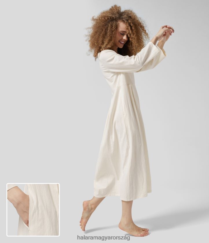 ruházat Halara kerek nyakú, hosszú ujjú oldalzsebből készült tömör, laza midi alkalmi pamutruha vanília fagyi nők 8FPF801185