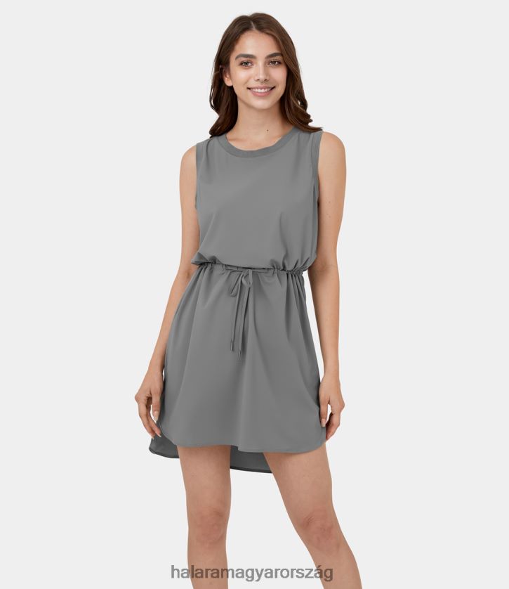 ruházat Halara kerek nyakú kontraszt bordás ujjatlan húzózsinór magas alacsonyan ívelt osztott szegéllyel mini alkalmi ruha szürke flanel nők 8FPF80992