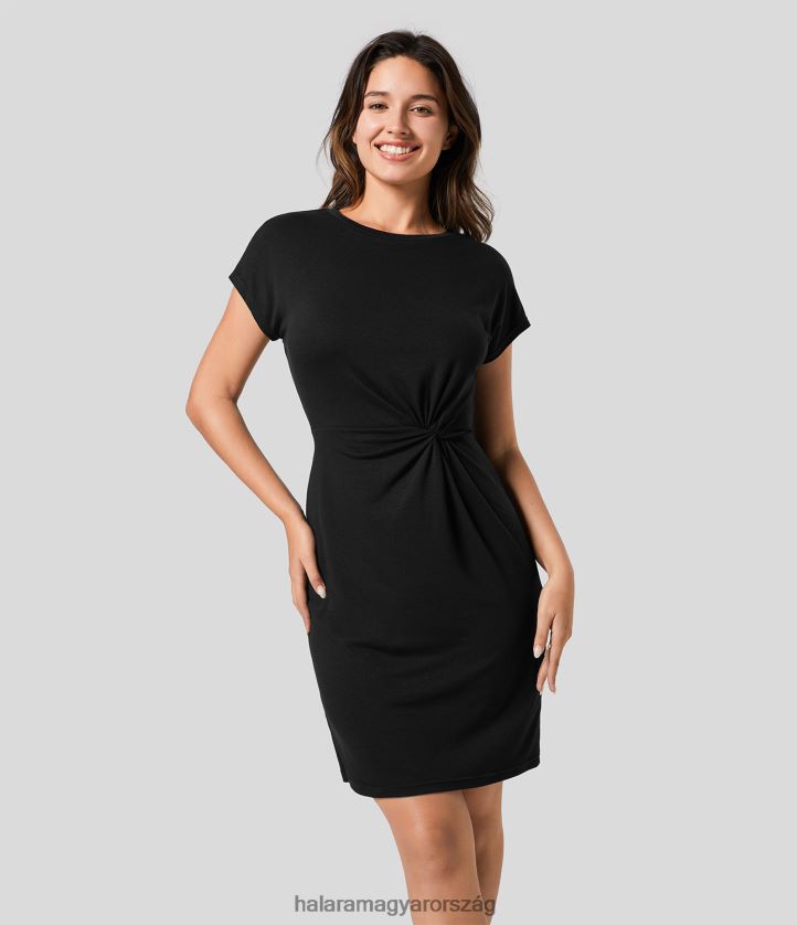 ruházat Halara kerek nyakú, rövid ujjú csavart plicált mini alkalmi ruha fekete nők 8FPF80976