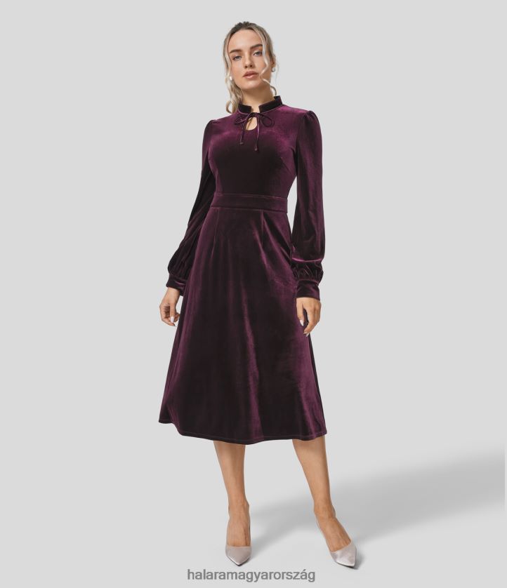 ruházat Halara állógalléros nyakkendő elöl láthatatlan cipzáros midi bársony party ruha sötétlila nők 8FPF801250