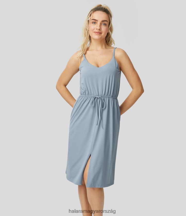 ruházat Halara állítható pántos, háttámla nélküli húzózsinóros oldalzseb, osztott hideg érintésű midi alkalmi csúszóruha kék köd nők 8FPF801242