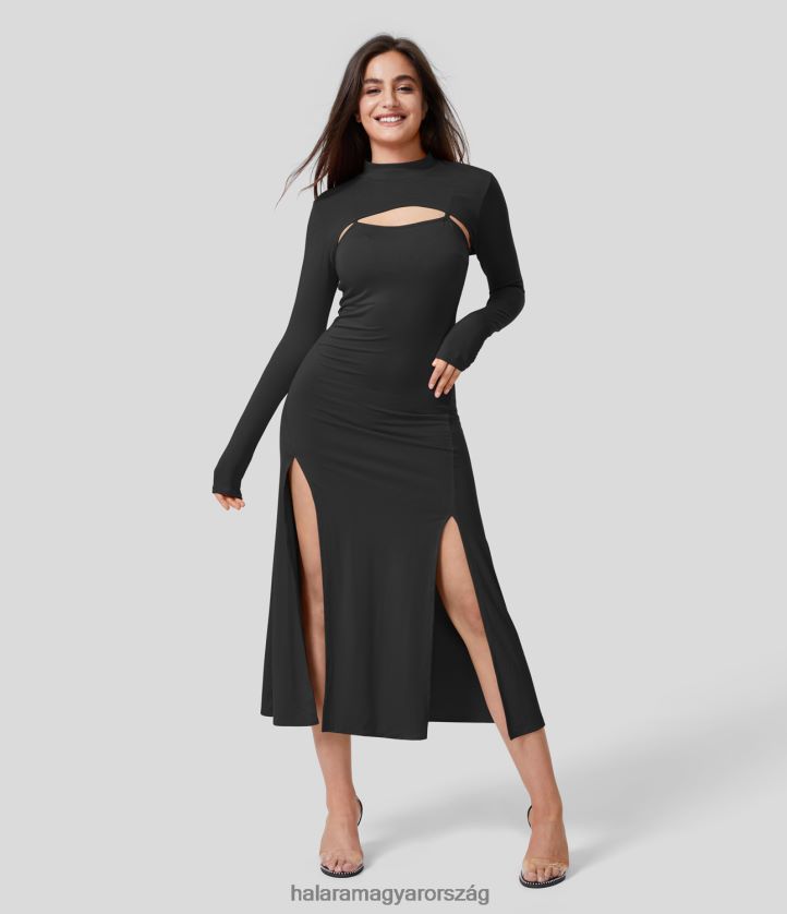 ruházat Halara állítható pántos, osztott szegélyű tömör csúszós midi alkalmi ruha és rövidített hosszú ujjú felső szett eredeti nők 8FPF801235