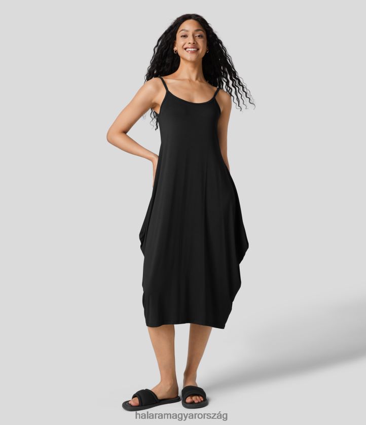 ruházat Halara állítható pánttal háttámla nélküli draped relax midi alkalmi csúszós ruha fekete nők 8FPF801153