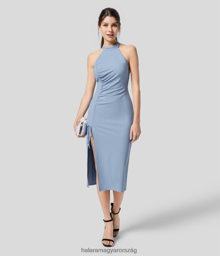 ruházat Halara álnyakú g-hook hát nélküli, domború csomós, osztott midi koszorúslány és esküvői vendég ruha világosszürke kék nők 8FPF801191