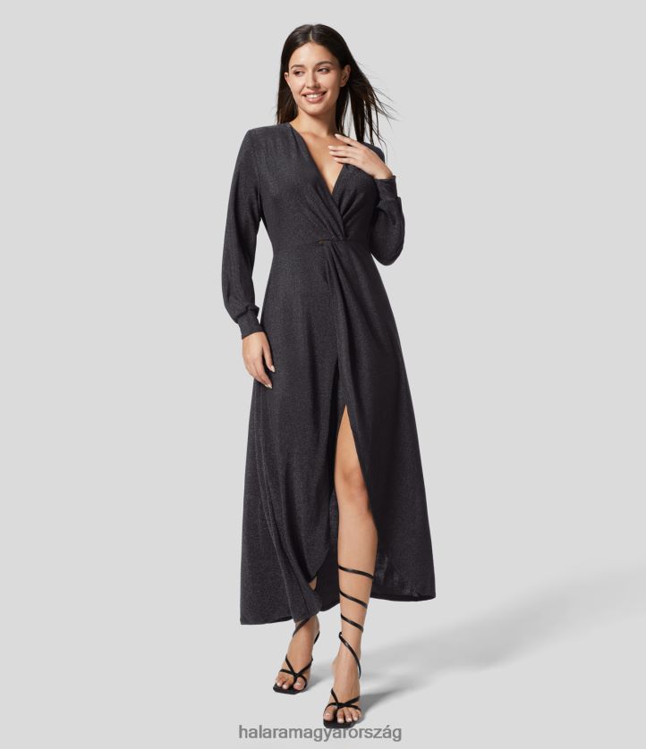 ruházat Halara mély v nyakú crossover rovátkolt aszimmetrikus szegélyű fémes buliruha csillogó fekete kék nők 8FPF801222