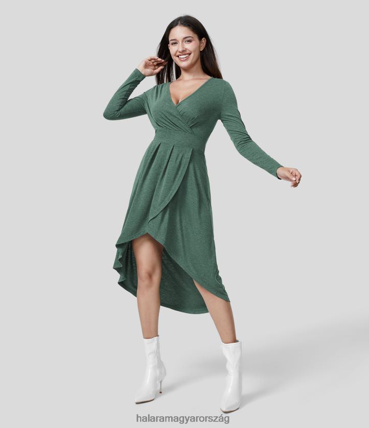 ruházat Halara mély, v nyakú, hosszú ujjú, finomított, magas, alacsony keresztszegélyű, könnyed midi alkalmi ruha sötétzöld virágos fonal nők 8FPF801211