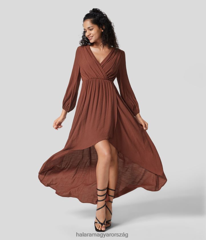 ruházat Halara mély, v nyakú, hosszú ujjú, áttört szegélyű, magas, alacsony, folyós maxi alkalmi ruha pálinkás szippantás nők 8FPF801202