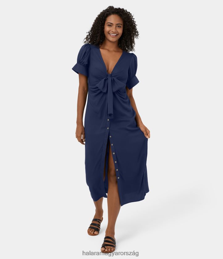 ruházat Halara mély v nyakú püspökujj gomb nyakkendő elöl domború midi alkalmi ruha mély zafír nők 8FPF801200