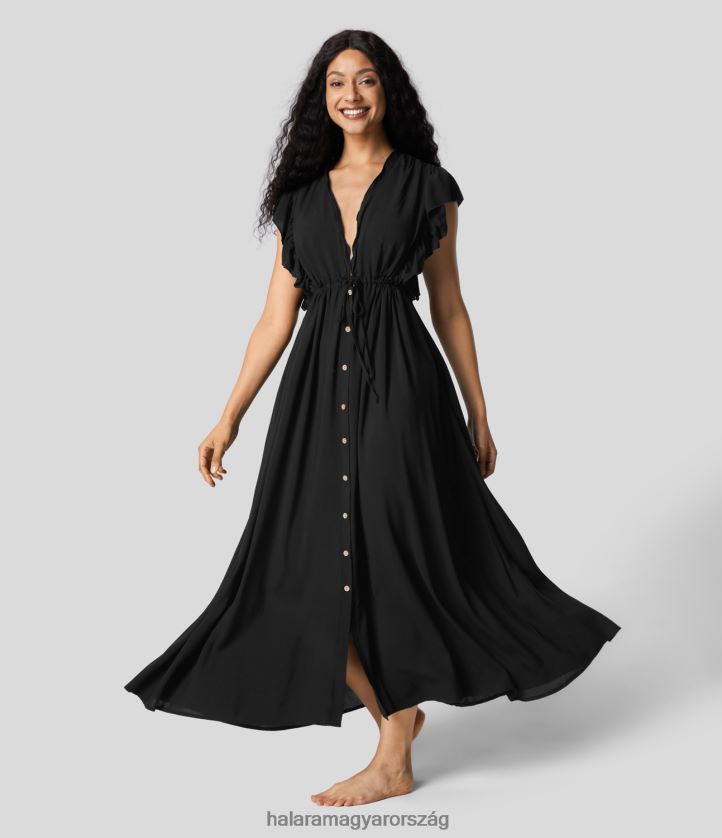ruházat Halara mély v nyakú pillangós ujjú, hát nélküli húzózsinóros gomb oldalzseb folyékony maxi alkalmi ruha fekete nők 8FPF801145