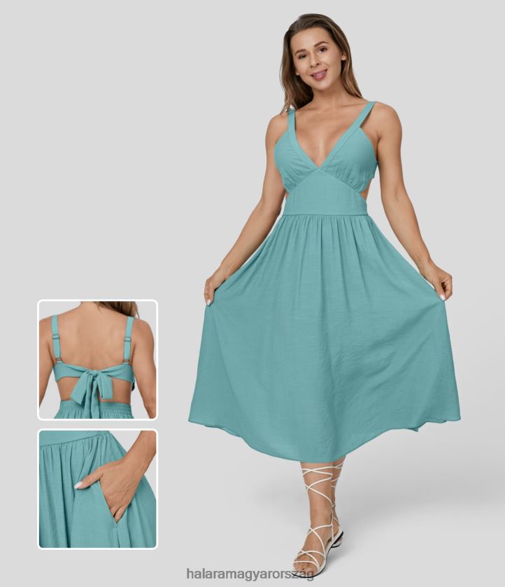 ruházat Halara mély v nyakú ujjatlan hát nélküli megkötős hátul kivágott oldalzseb folyékony alkalmi midi ruha nílusi kék nők 8FPF801154