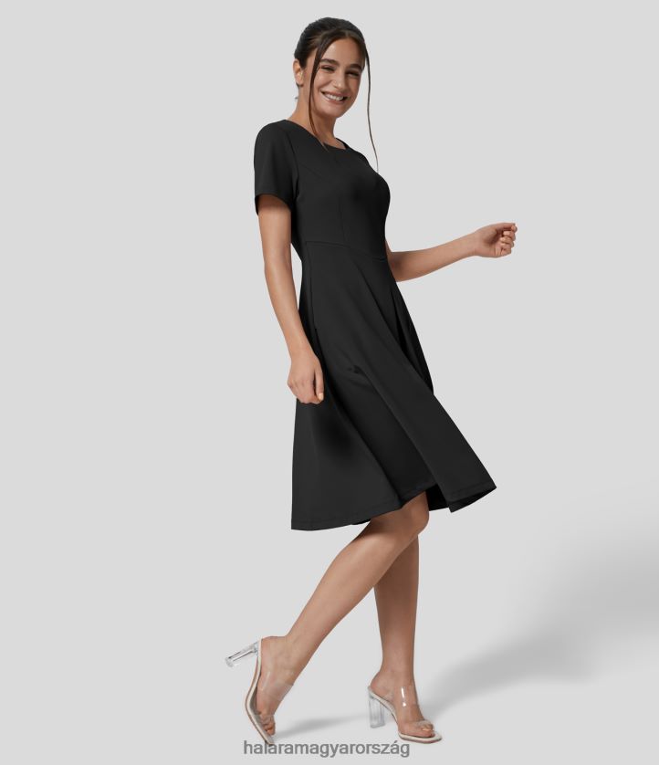 ruházat Halara softlyzero eco kerek nyakú oldalzsebfűző plicated flare midi munkaruha fekete nők 8FPF801247