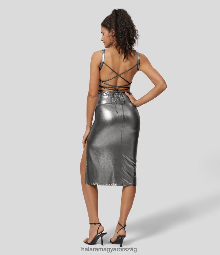 ruházat Halara softlyzero műbőr hát nélküli, keresztben fűzős, rovátkolt, osztott szegélyű fóliamintás rugalmas bodycon midi party ruha fényes fekete ezüst nők 8FPF801109