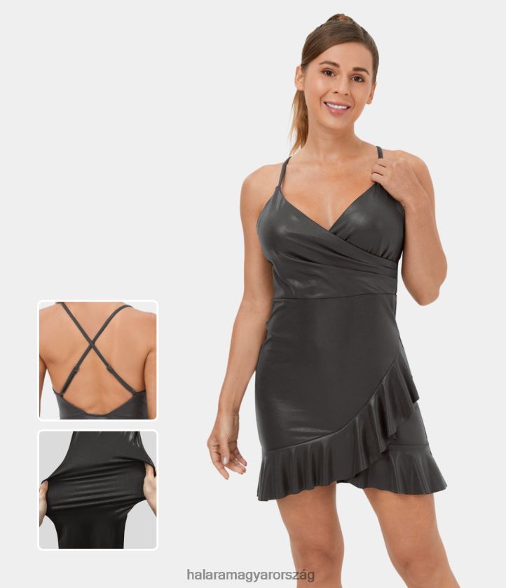 ruházat Halara softlyzero műbőr hát nélküli, keresztben állítható fodros szegély fóliamintás rugalmas mini alkalmi ruha fényes alkonyfekete nők 8FPF801050