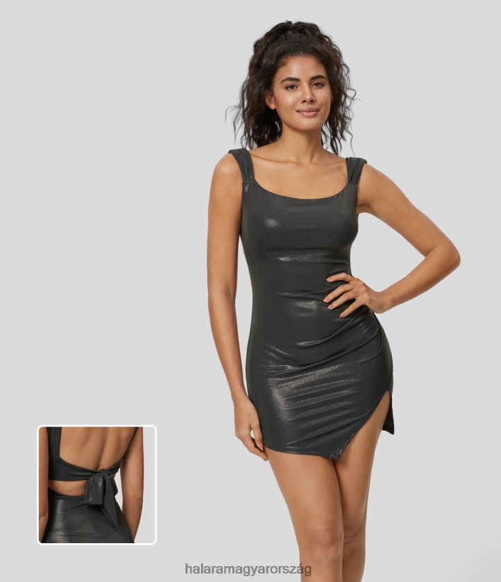 ruházat Halara softlyzero műbőr rovátkolt hát nélküli nyakkendő hátul osztott szegély bodycon fóliamintás rugalmas mini party ruha fényes alkonyfekete nők 8FPF801039