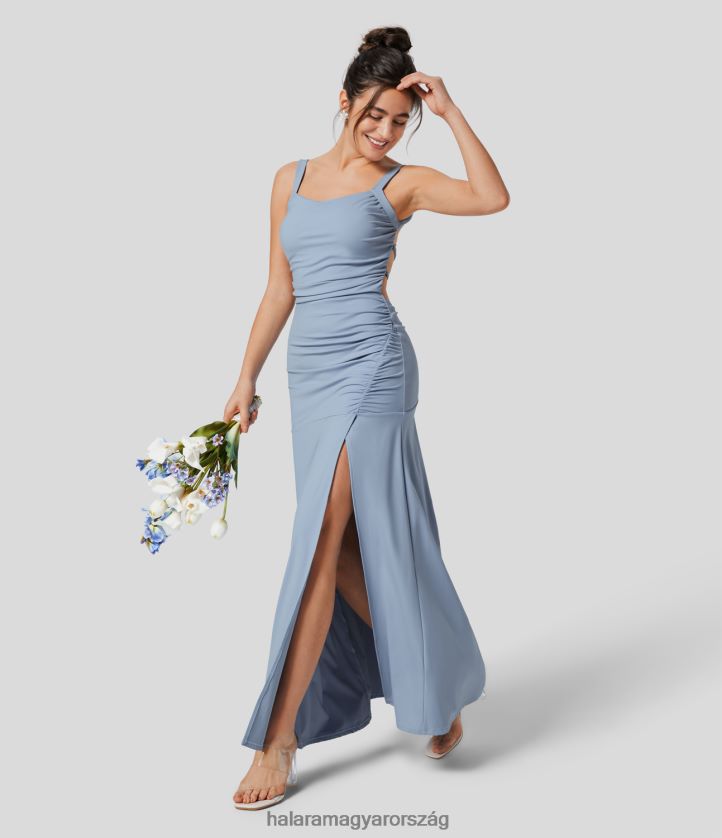 ruházat Halara szögletes nyakú, dörzsölt hát nélküli, keresztben fűzős, osztott maxi koszorúslány és esküvői vendég ruha világosszürke kék nők 8FPF801179
