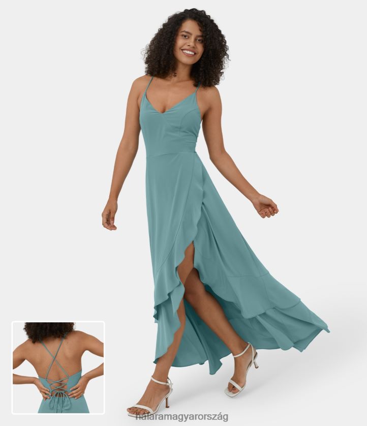 ruházat Halara szellős háttámla, keresztben fűzős, oldalán cipzáros fodros osztott szegély maxi gyorsan száradó alkalmi ruha ásványkék nők 8FPF801143