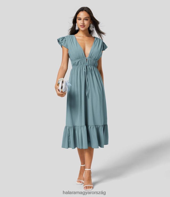 ruházat Halara szellős mély v nyakú pillangós ujjú hát nélküli csomó oldalzseb fodros szegély midi gyorsan száradó koszorúslány és esküvői vendég ruha kő kék nők 8FPF801159