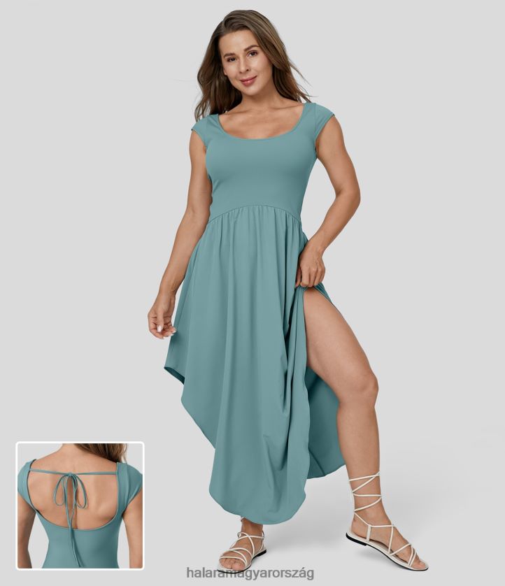 ruházat Halara szellős u nyak kis sapka ujj hát nélküli nyakkendő hátra aszimmetrikus szegély folyós maxi gyorsan száradó alkalmi ruha ásványkék nők 8FPF801176