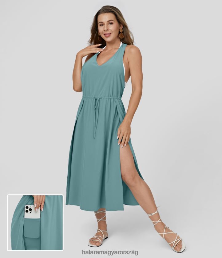 ruházat Halara szellős v nyakú, ujjatlan, hát nélküli, húzózsinórral osztott 2 részes oldalzseb folyós, gyorsan száradó alkalmi midi ruha ásványkék nők 8FPF801217