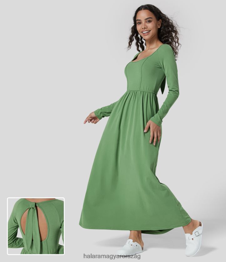 ruházat Halara u nyakú, háttámla nélküli nyakkendővel hátra hosszú ujjú plicált maxi alkalmi pamutruha jadesheen nők 8FPF801245