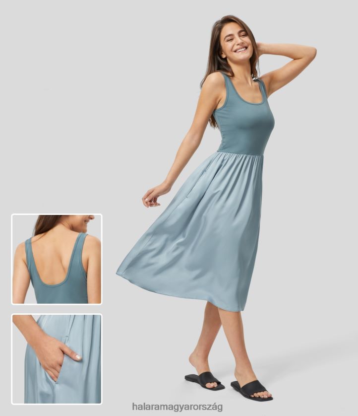 ruházat Halara u nyakú, ujjatlan, háttámlával formázott oldalzseb kontraszt szaténszerű lobogó alkalmi ruha sterling kék nők 8FPF801188