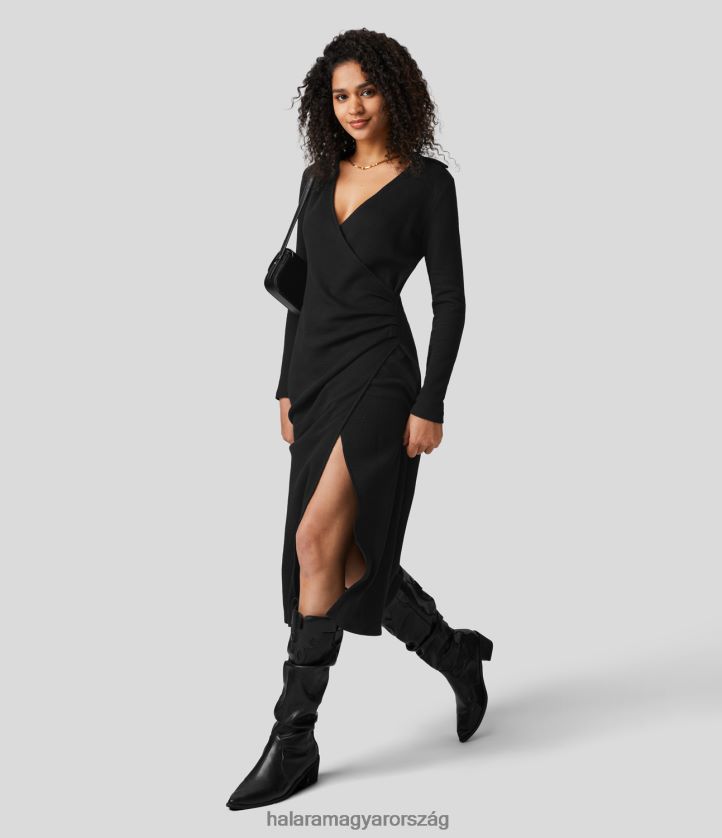 ruházat Halara v nyakú crossover rovátkolt szegélyű gofri alkalmi pamut midi ruha fekete nők 8FPF801237